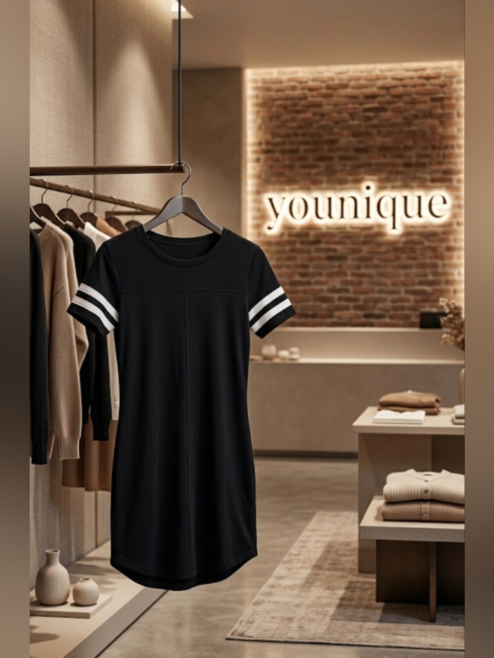 Younique Black T-Shirt Mini Dress with White Sleeve Stripes - Size 1X - Like New